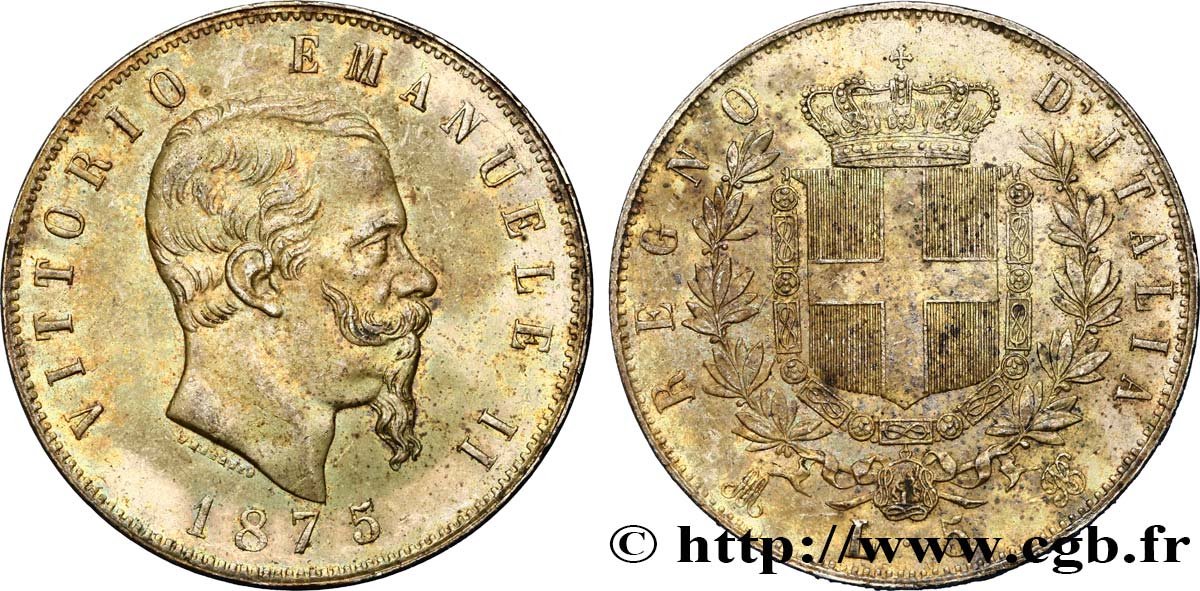 ITALY - KINGDOM OF ITALY - VICTOR-EMMANUEL II 5 Lire Victor Emmanuel II 1875 Milan AU/MS 