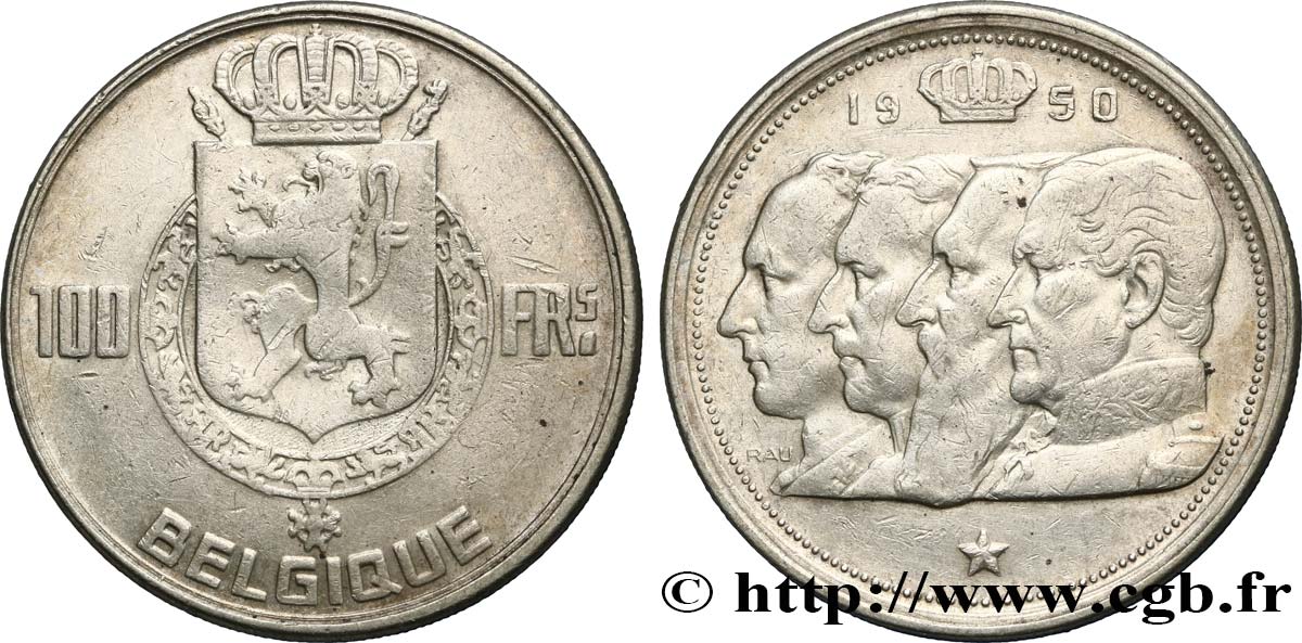 BELGIQUE 100 Francs armes au lion / portraits des quatre rois de Belgique, légende française 1950  TTB 
