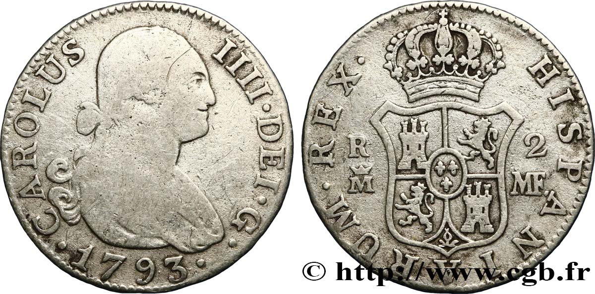 SPAIN 2 Reales Charles IV 1793 Madrid VF 