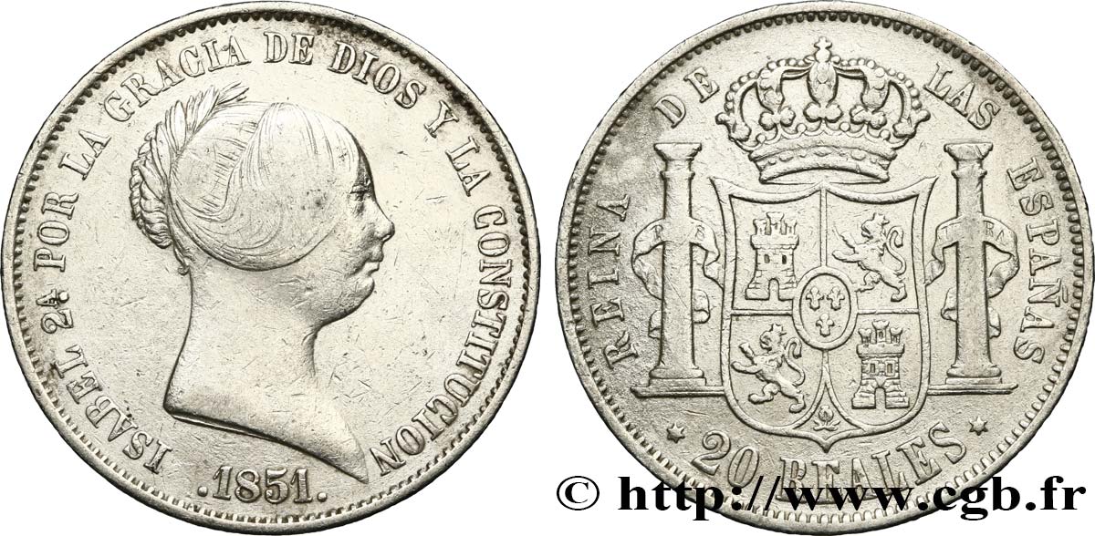 ESPAGNE - ROYAUME D ESPAGNE - ISABELLE II 20 Reales 1851 Madrid SS 
