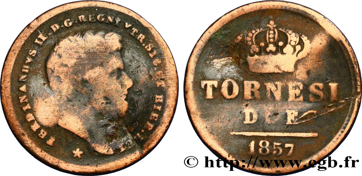 ITALIA - REINO DE LAS DOS SICILIAS 2 Tornesi Royaume des Deux-Siciles, Ferdinand II / écu couronné type à 5 pétales 1857 Naples RC+ 