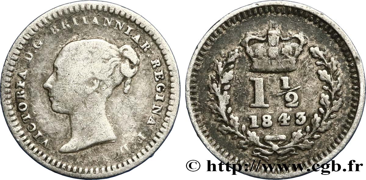 REINO UNIDO 1 1/2 Pence Victoria 1843  BC+ 