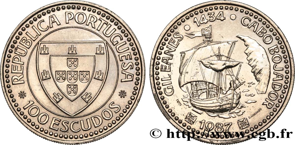 PORTUGAL 100 Escudos Découverte du Cap Bojador en 1434 par Gil Eanes, voilier 1987  VZ 