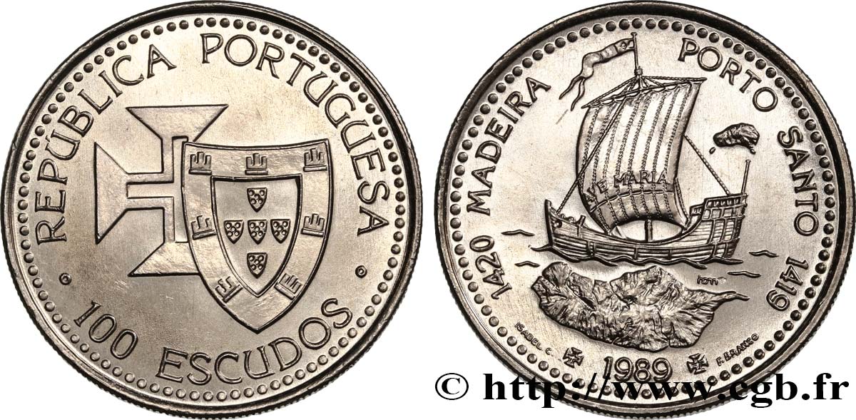 PORTOGALLO 100 Escudos Découvertes Portugaises de Madère 1420 et Porto Santo 1419 1989  SPL 
