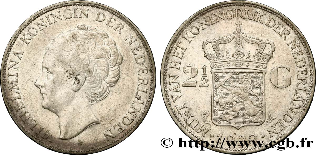 NETHERLANDS 2 1/2 Gulden Wilhelmina 1929  XF 