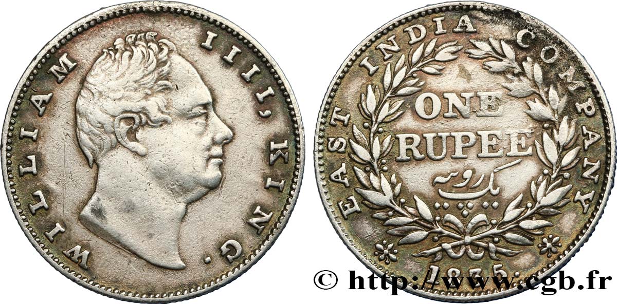 INDES BRITANNIQUES 1 Roupie William IV 1835 Calcutta TTB 