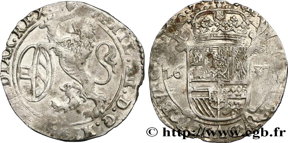 SPANISH NETHERLANDS - DUCHY OF BRABANT - PHILIP IV Escalin au lion 1637 Anvers AU 