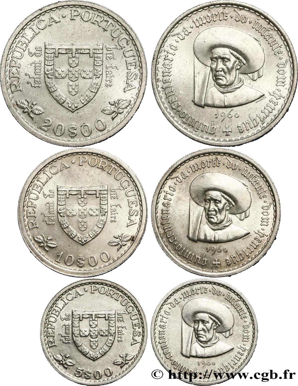 PORTUGAL Lot de 3 monnaies 5, 10 et 20 Escudos 500e anniversaire de la mort de l’infant Don Henrique le navigateur 1960  VZ 