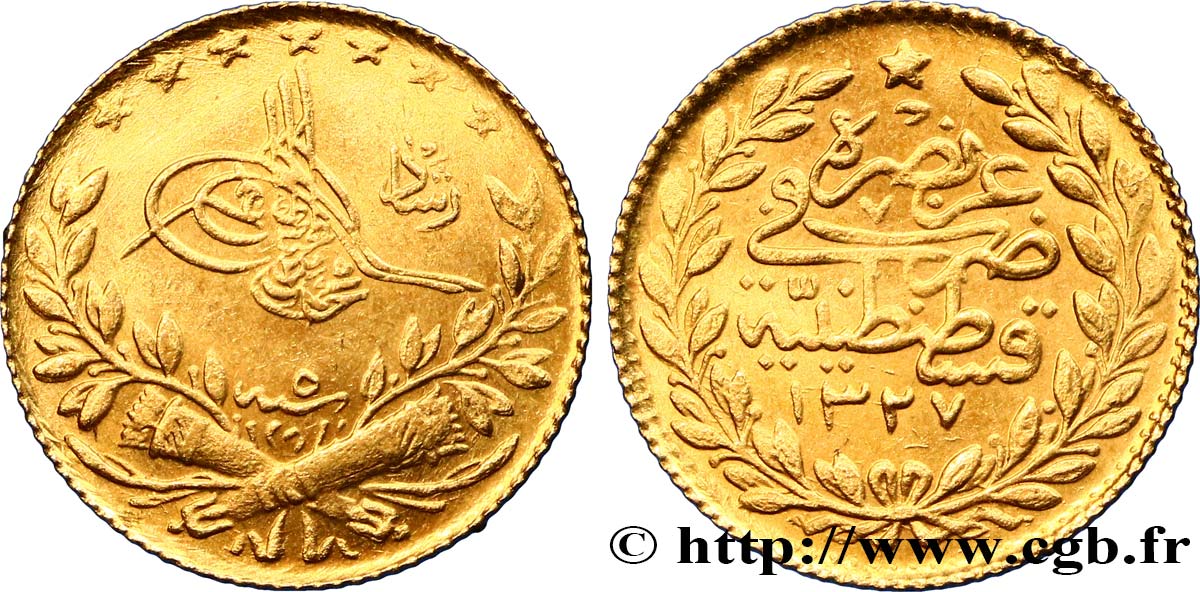 TURKEY 25 Kurush Mohammed V Resat AH 1327 1914 Constantinople AU 