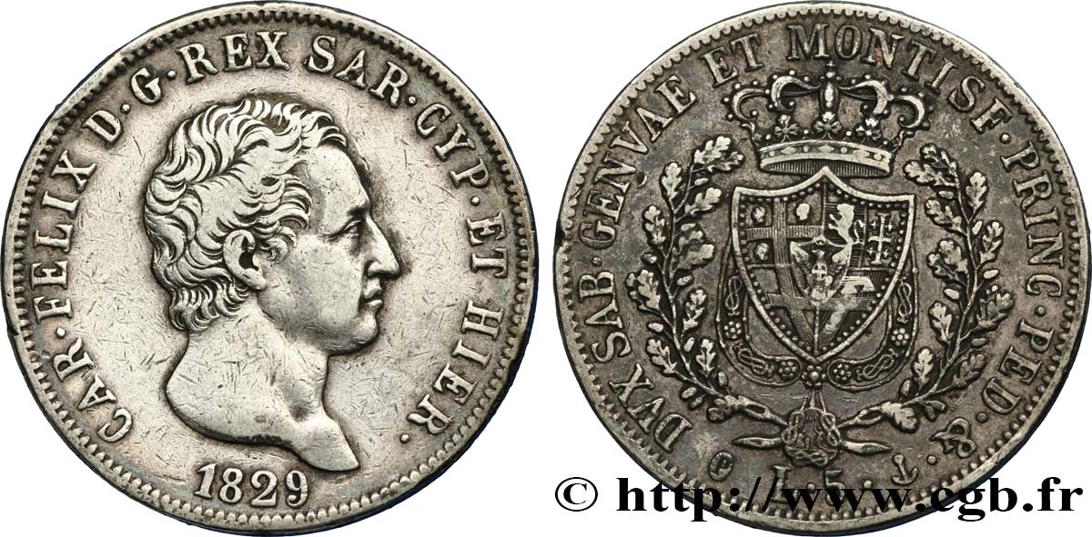 ITALY - KINGDOM OF SARDINIA 5 Lire Charles-Félix 1829 Gênes VF/XF 
