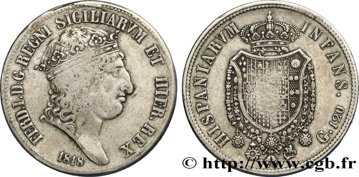ITALY - KINGDOM OF TWO SICILIES 120 Grana Ferdinand Ier 1818 Naples VF/VF 