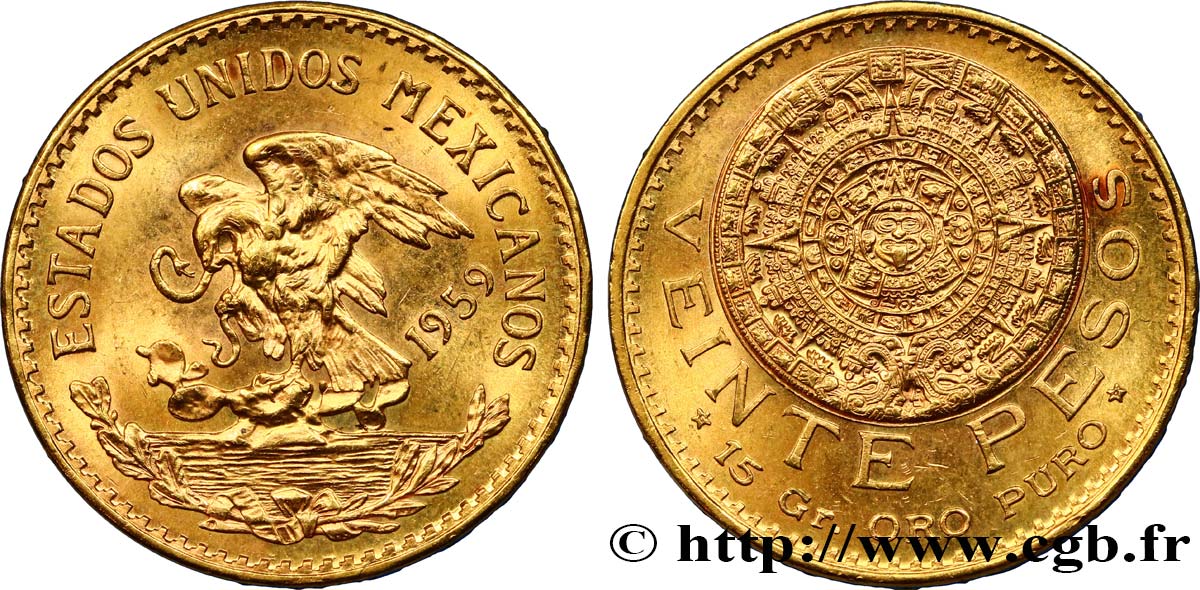 MEXIQUE 20 Pesos or “Pierre du Soleil” (calendrier aztèque) 1959 Mexico SPL 