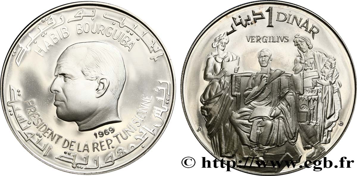TUNESIEN 1 Dinar Proof Habib Bourguiba - Le poète Virgile 1969  fST 