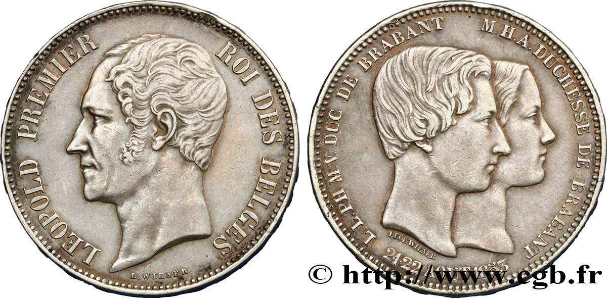 BELGIO 5 Francs mariage du Duc et de la Duchesse de Brabant 1853  SPL 
