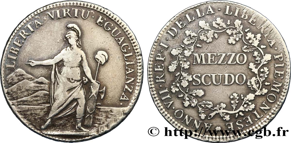 ITALIE - REPUBBLICA PIEMONTESE Demi-écu ou Mezzo Scudo 1799 Turin MB/q.BB 
