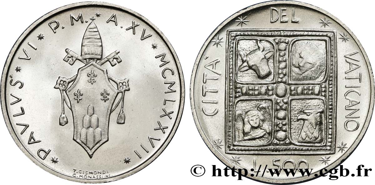 VATICAN AND PAPAL STATES 500 Lire frappe au nom de Paul VI an XV 1977 Rome MS 