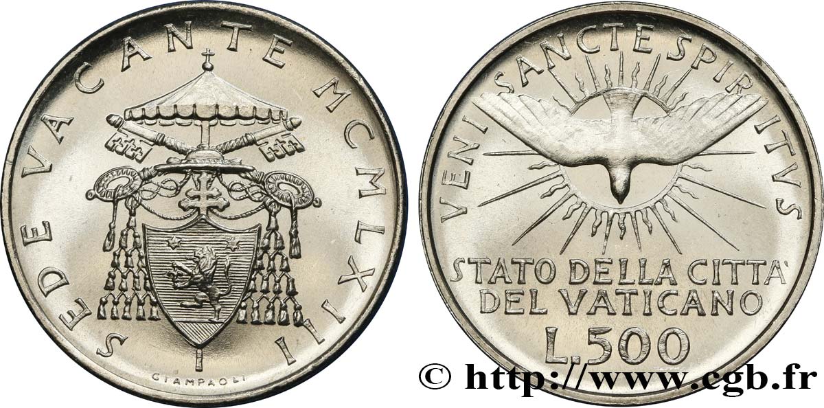 VATICAN AND PAPAL STATES 500 Lire Sede Vacante Colombe et armes du cardinal Benedetto Aloisi Masella 1958 Rome MS 