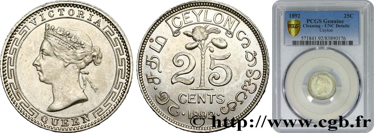 CEILáN 25 Cents Victoria 1892  SC PCGS