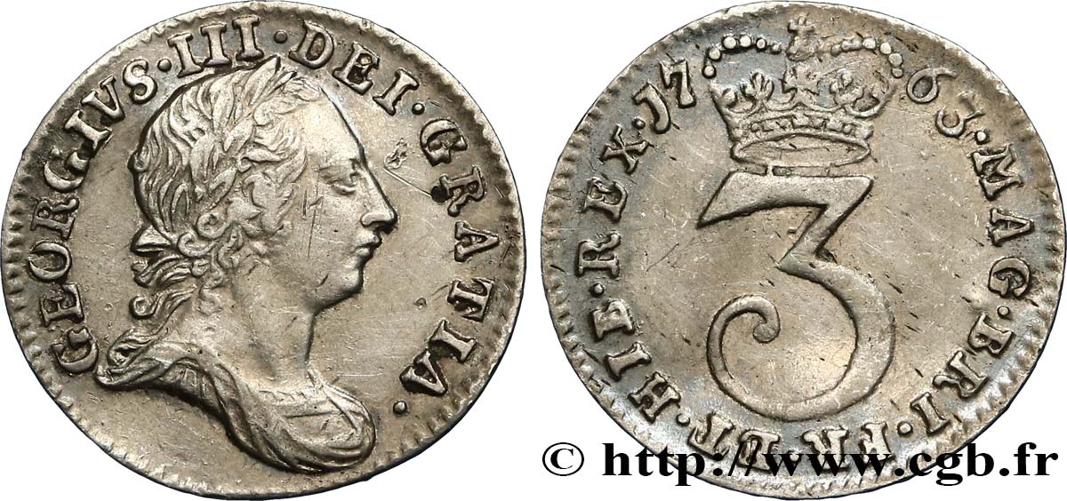 REGNO UNITO 3 Pence Georges III tête laurée 1763  BB 