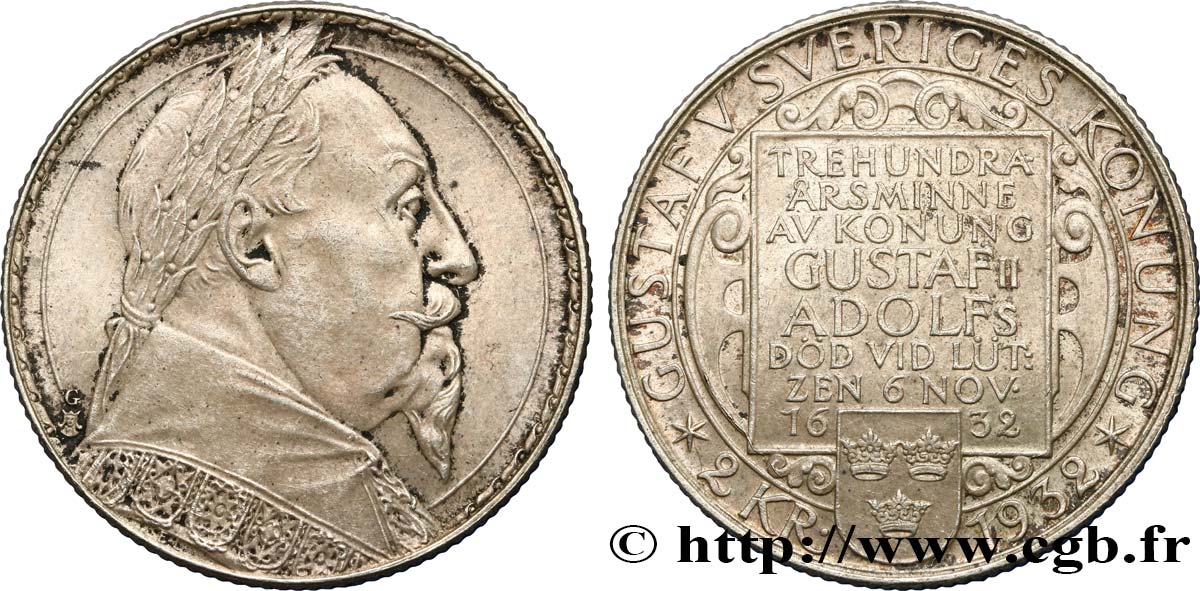 SUECIA 2 Kronor 300e anniversaire du roi Gustave II Adolphe 1932  EBC 