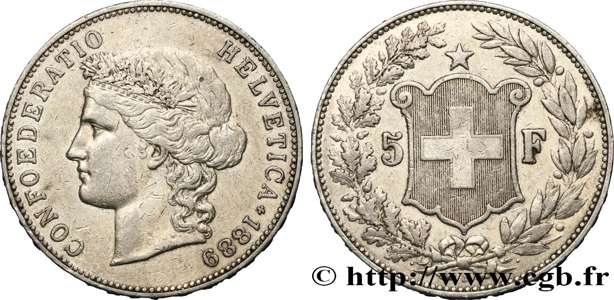 SCHWEIZ 5 Francs Helvetia 1889 Berne SS 