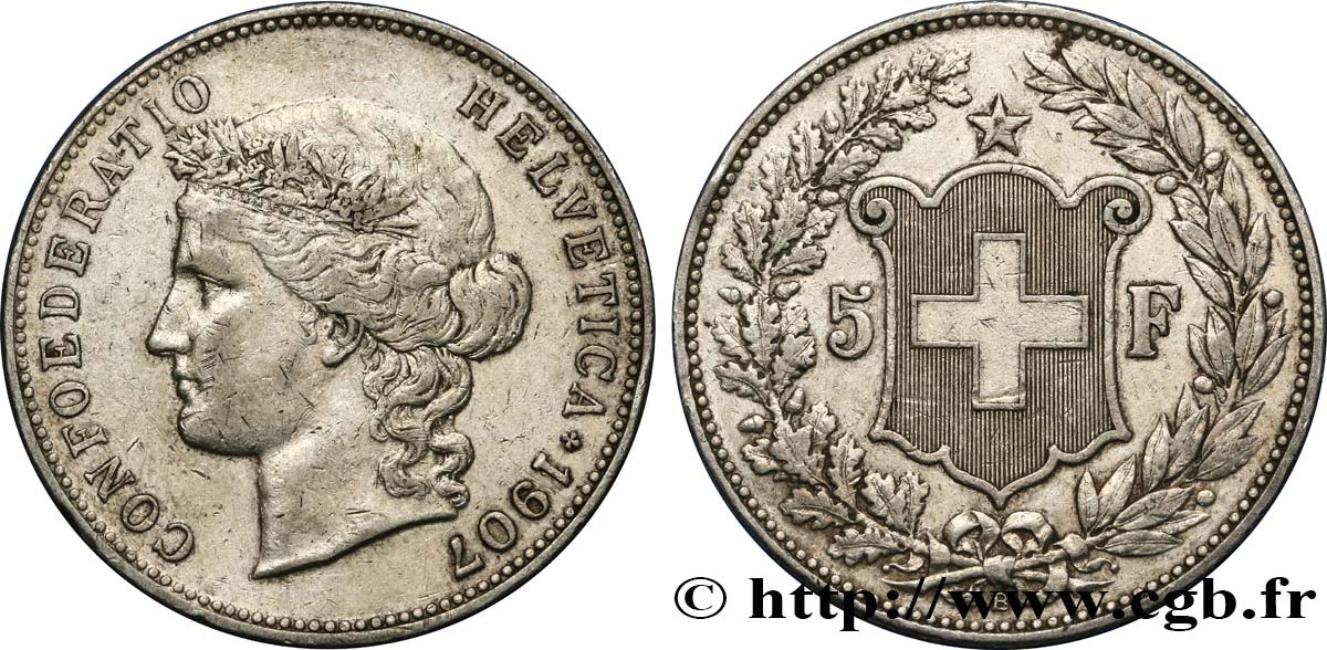 SWITZERLAND 5 Francs Helvetia 1907 Berne VF/XF 