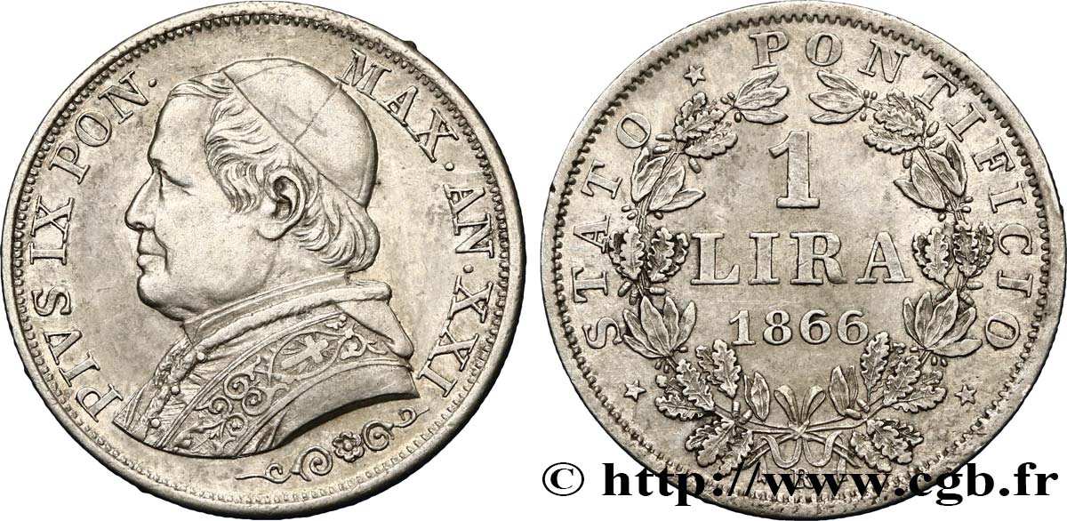 VATICAN AND PAPAL STATES 1 Lire Pie IX type grand buste an XXI 1866 Rome AU/AU 
