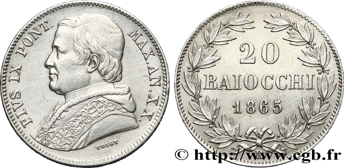 VATICAN AND PAPAL STATES 20 Baiocchi Pie IX an XX 1865 Rome AU/AU 