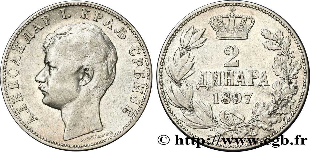 SERBIA 2 Dinara Alexandre Ier 1897  XF 