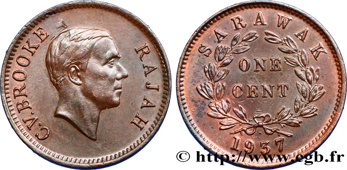 SARAWAK 1 Cent Sarawak Rajah C.V. Brooke 1937 Heaton AU 