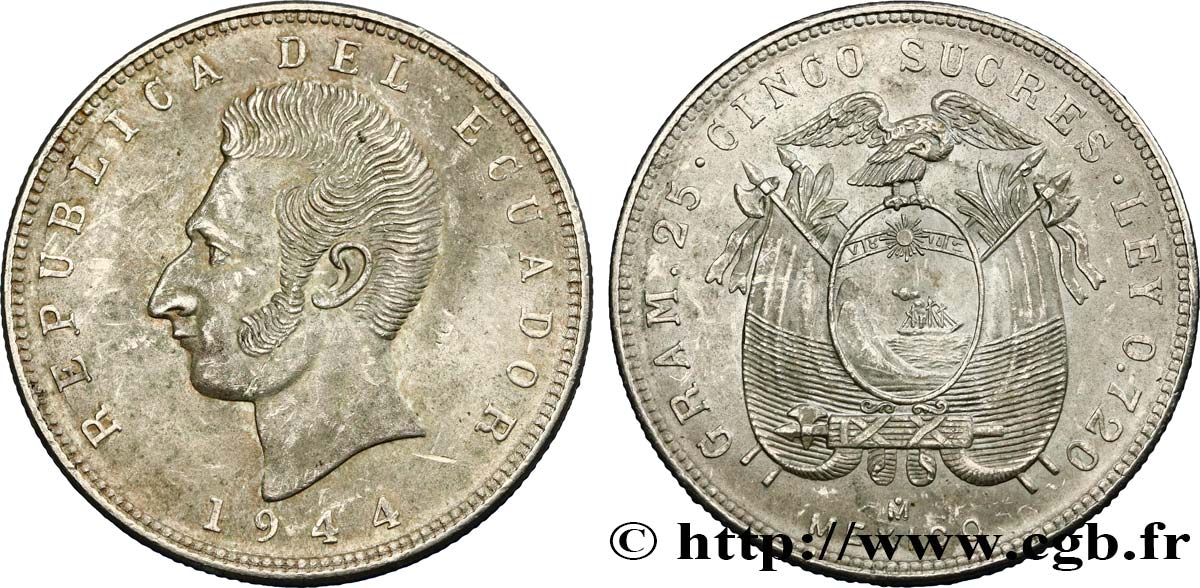 ÉQUATEUR 5 Sucres Antonio Jose de Sucre 1944 Mexico  SUP 