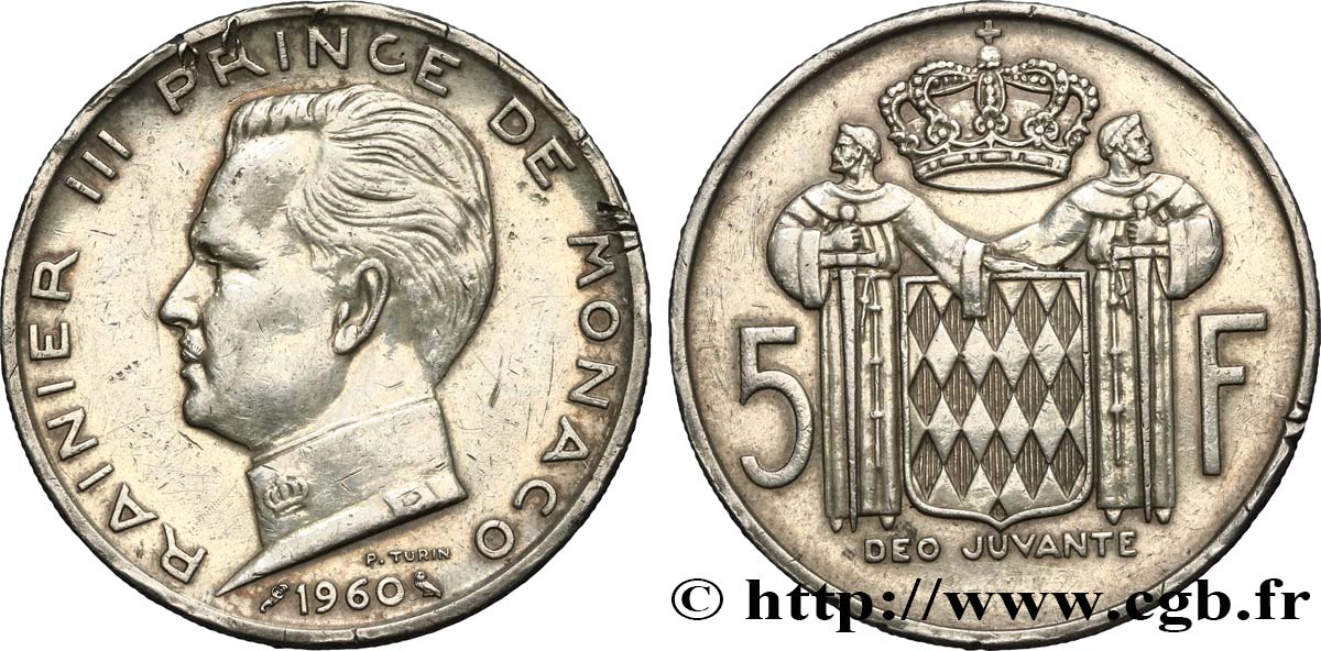 MONACO 5 Francs Rainier III 1960 Paris SS 