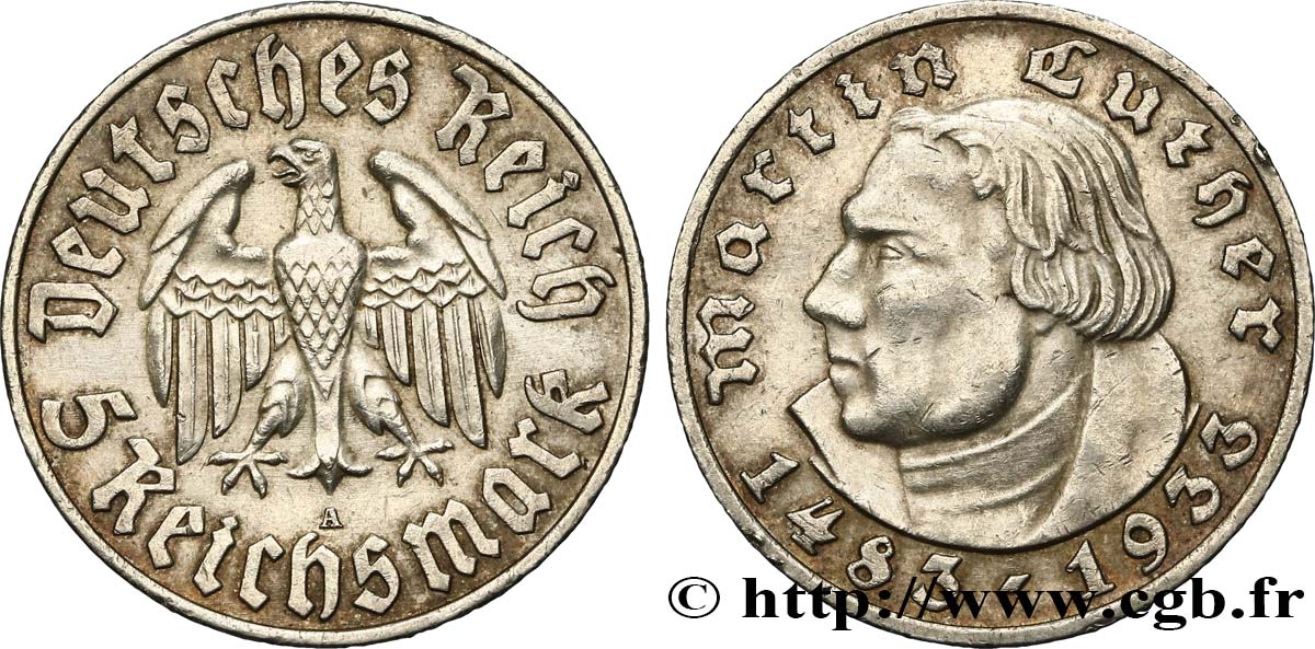 ALLEMAGNE 5 Reichsmark Martin Luther 1933 Berlin TTB+ 