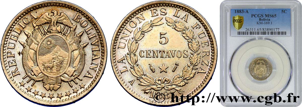 BOLIVIA 5 Centavos 1883 Paris MS65 PCGS
