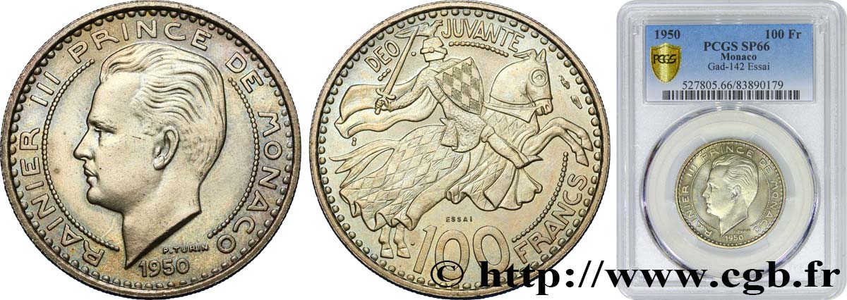 MONACO Essai de 100 Francs prince Rainier III 1950 Paris MS66 PCGS