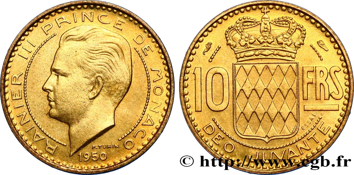 MONACO Essai de 10 Francs prince Rainier III 1950 Paris fST 