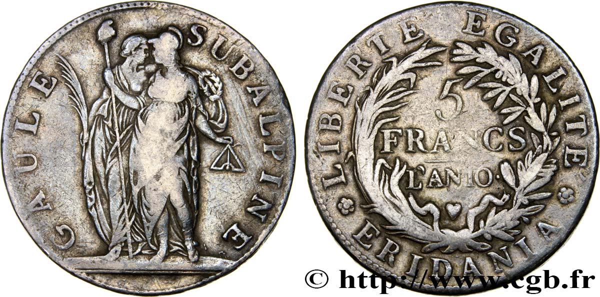 ITALIA - GALIA SUBALPINA 5 Francs an 10 1802 Turin MB 