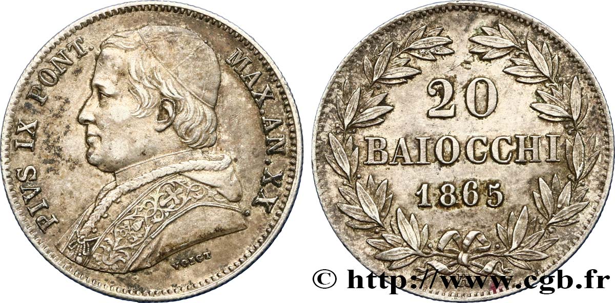 VATICAN AND PAPAL STATES 20 Baiocchi Pie IX an XX 1865 Rome AU 
