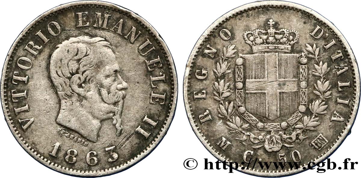 ITALIA 50 Centesimi Victor Emmanuel II type à l’écu 1863 Milan BB 