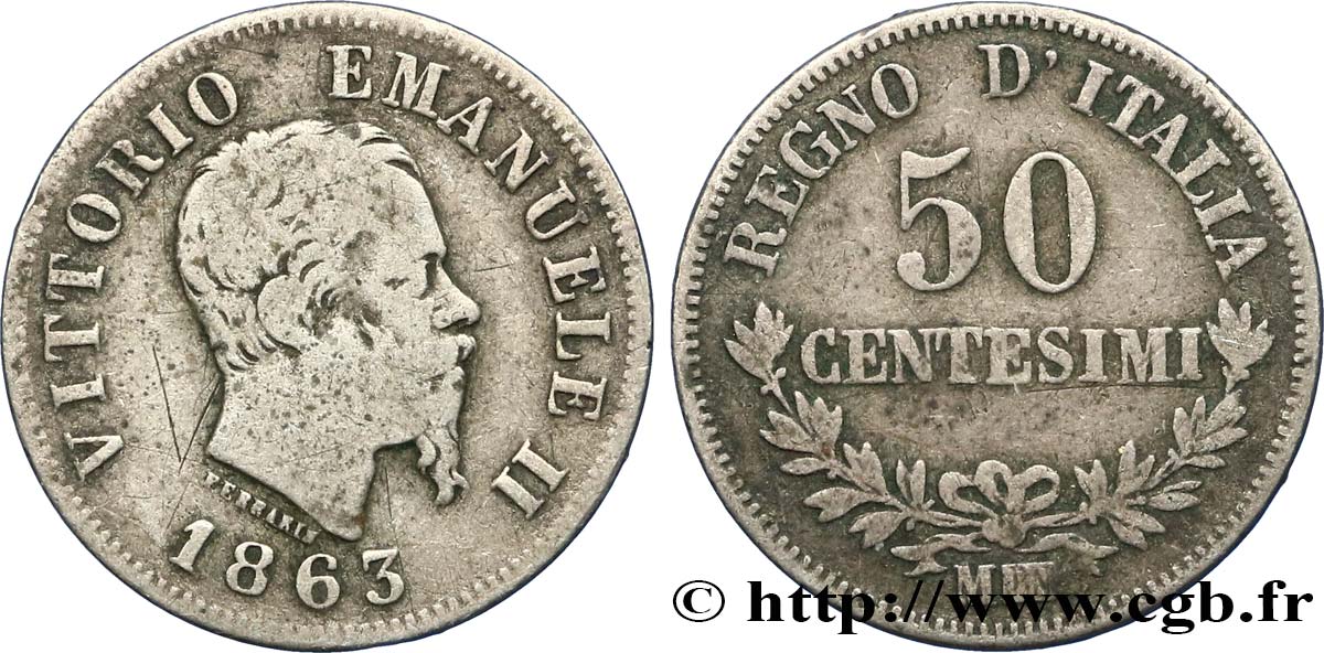 ITALIE 50 Centesimi Victor Emmanuel II 1863 Milan TB 