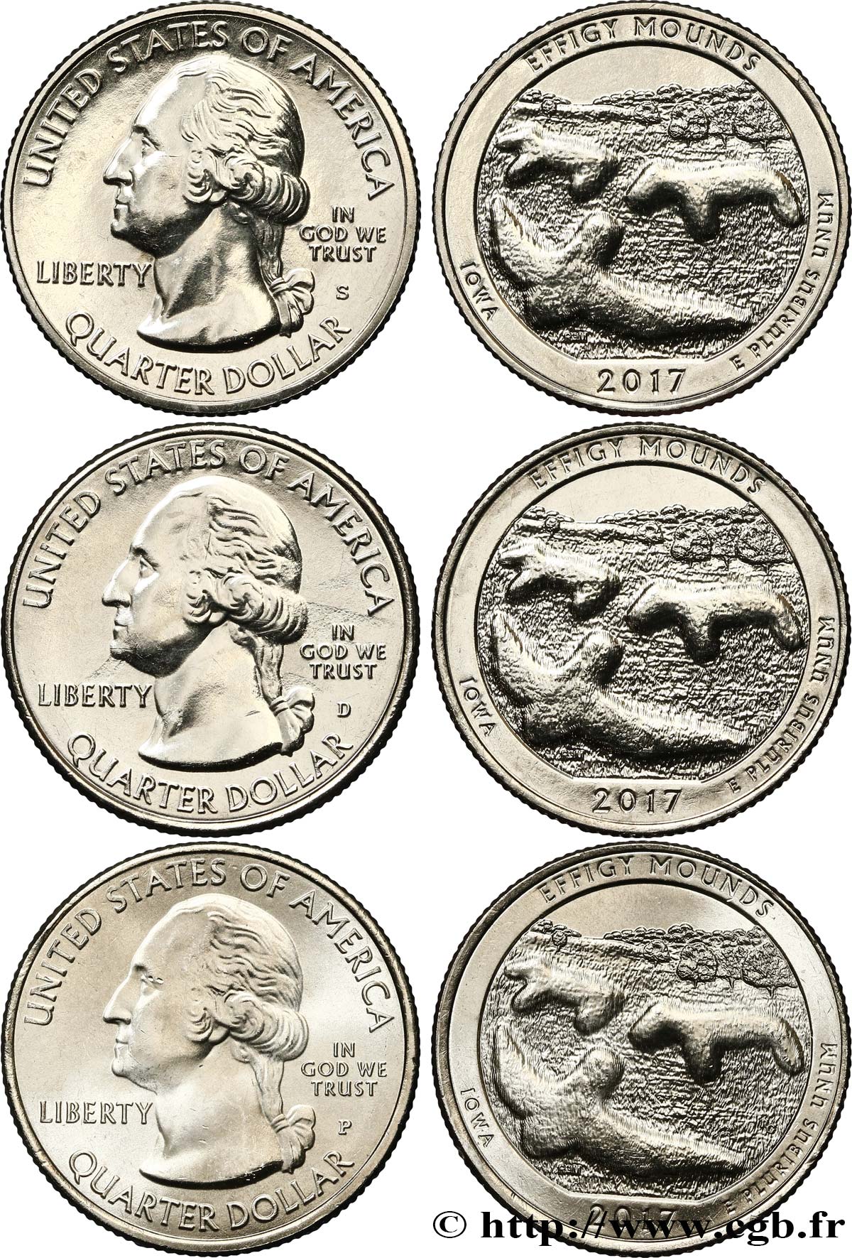 UNITED STATES OF AMERICA Lot de trois 1/4 Dollar Monument national Effigy Mounds 2017 Philadelphie-Denver-San Francisco MS 