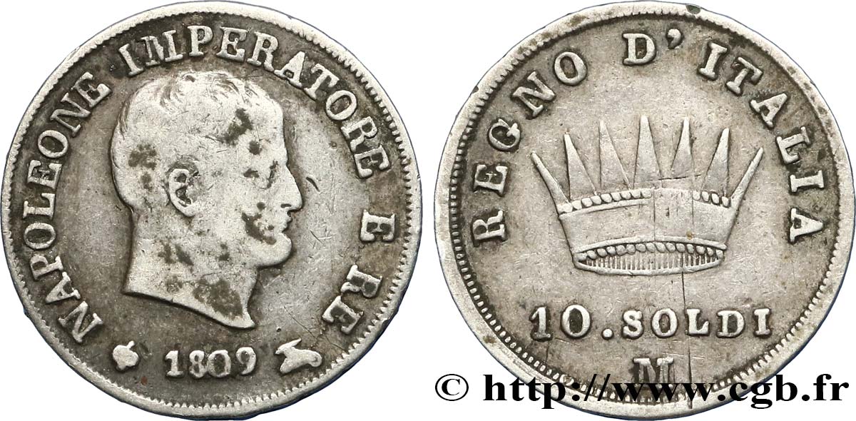 ITALY - KINGDOM OF ITALY - NAPOLEON I 10 Soldi Napoléon 1809 Milan VF 