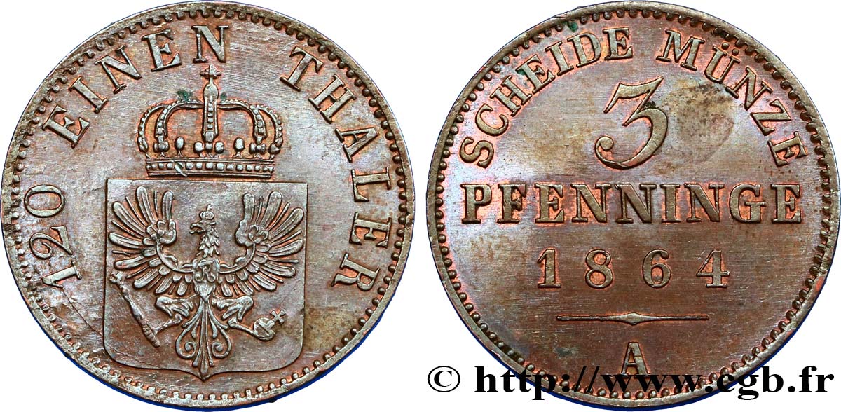 DEUTSCHLAND - PREUßEN 3 Pfenninge 1864 Berlin fST 