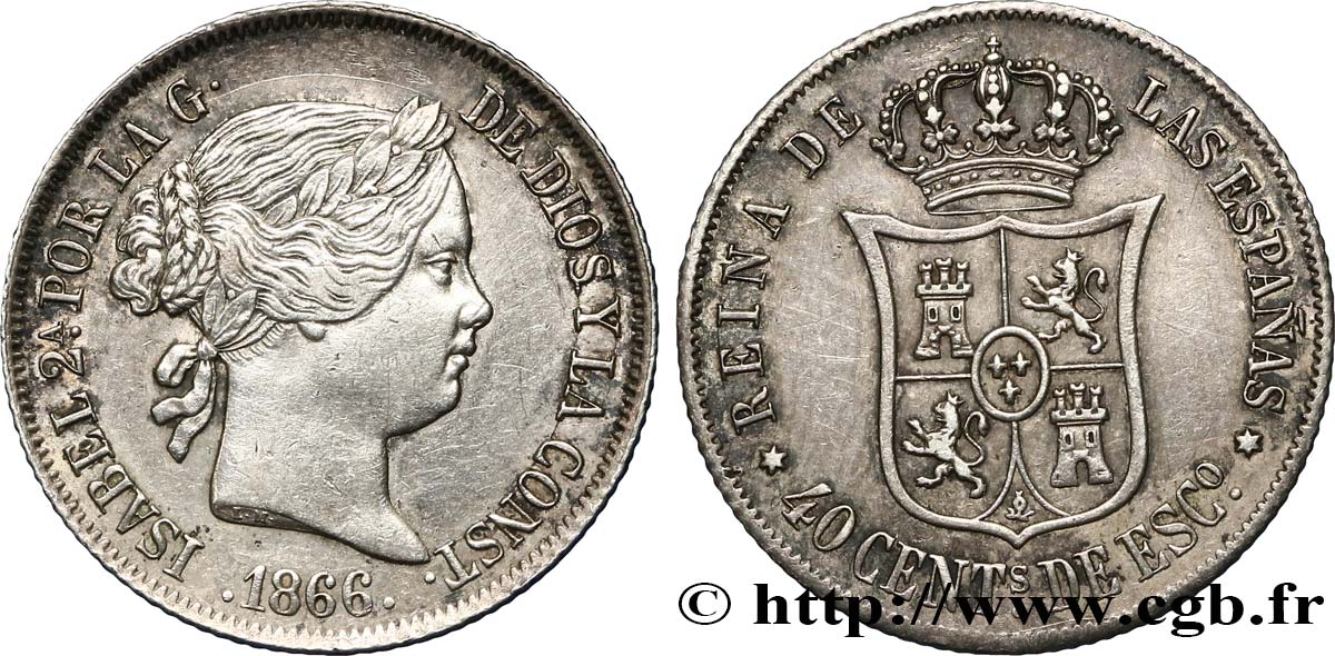 SPAIN 40 Centimos Isabelle II 1866 Madrid AU 