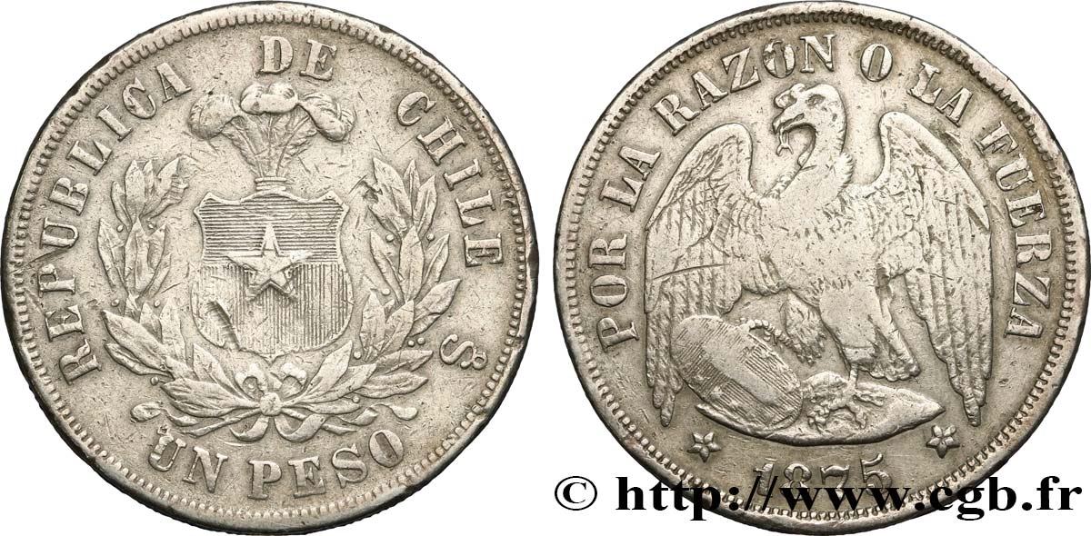 CHILE 1 Peso condor 1875 Santiago VF 