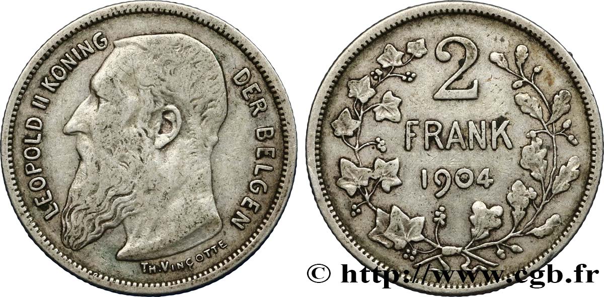 BELGIUM 2 Francs Léopold II légende flamande 1904  VF 