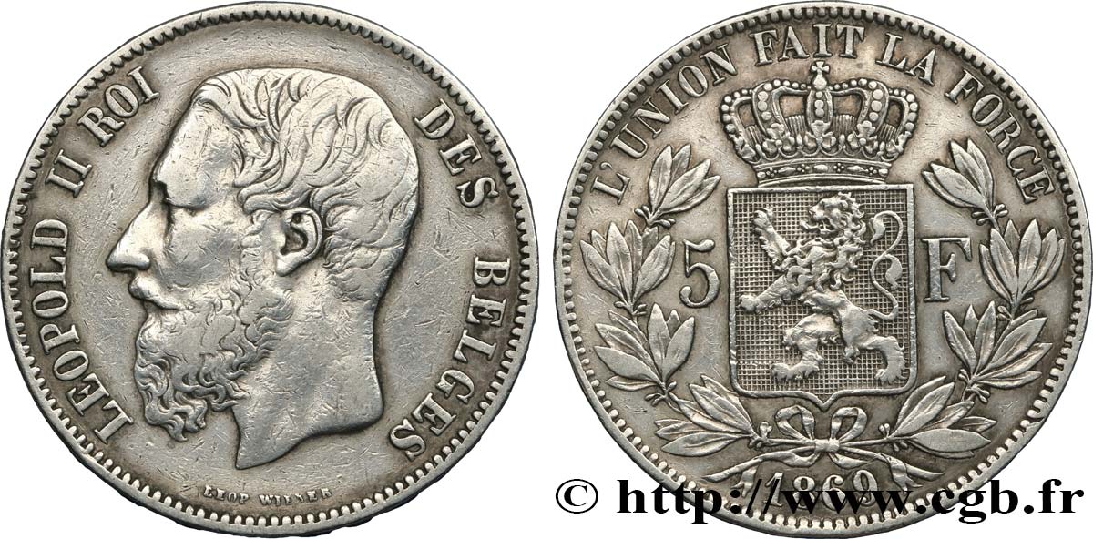 BELGIUM 5 Francs Léopold II 1869  VF 