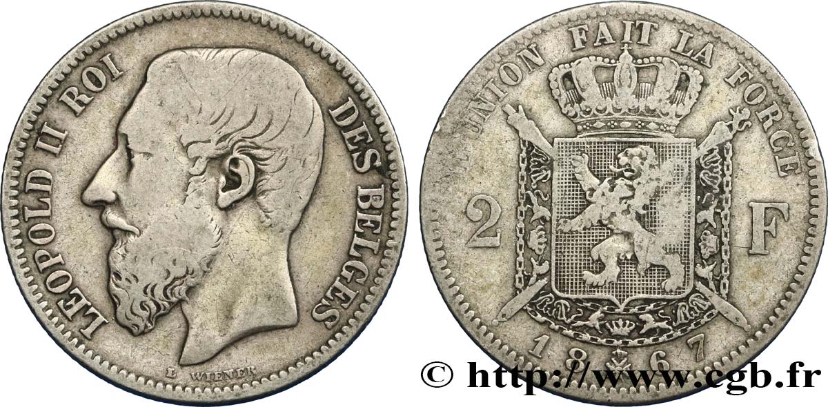 BÉLGICA 2 Francs Léopold II légende française 1867  BC+ 
