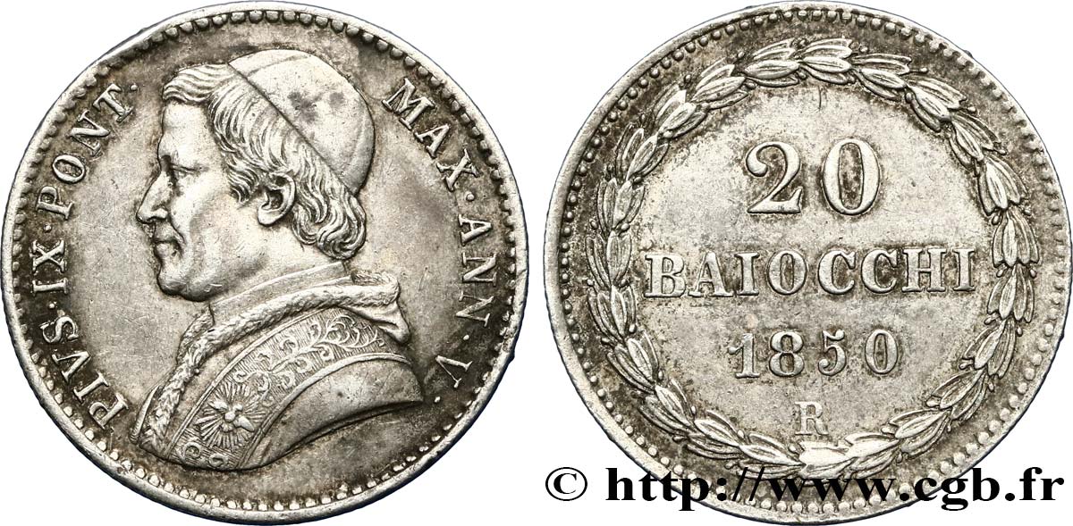 VATICAN AND PAPAL STATES 20 Baiocchi Pie IX an V 1850 Rome AU 