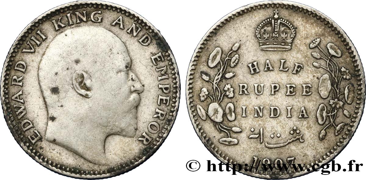 INDIA BRITÁNICA 1/2 Roupie Edouard VII 1907 Calcutta BC+ 